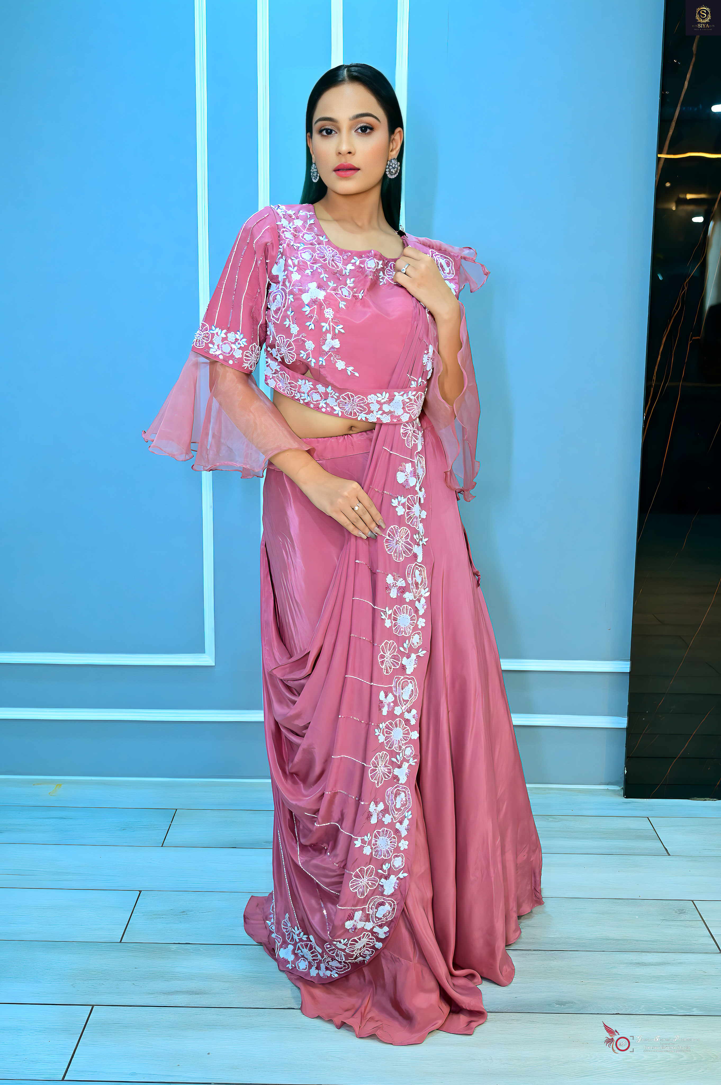 Pink saree drape style lehenga