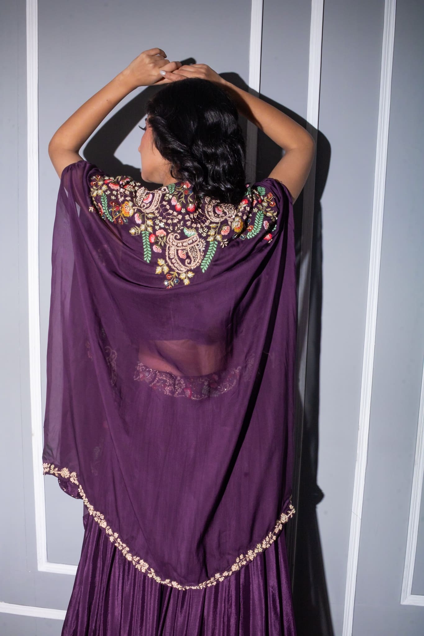 Cape style wine lehenga